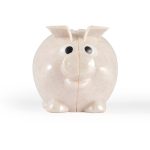A cute, small pig-shaped eco-friendly coin bank with a smiling face and a rounded body, designed for saving money.