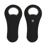 A drink bottle opener in a sleek black design, featuring a rounded handle and a metal bottle cap opener.