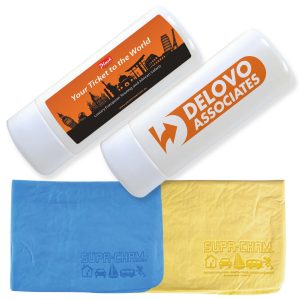 A promotional product featuring two chamois in blue and yellow, packaged in a white tube with logos.