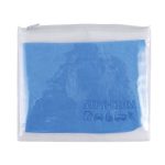 A pouch containing a blue Supa Cham chamois. The pouch features a transparent design with a zip closure and branding.