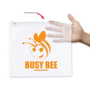 A transparent pencil case featuring a playful bee graphic and the text "BUSY BEE Learning Centres."