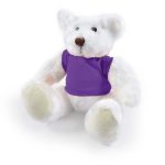 A plush teddy bear with a white body and a purple shirt. The bear features black eyes and a small brown nose.