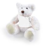 A white plush teddy bear with a soft texture and a blank shirt. It has delicate features and a cute design.