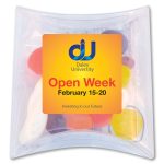 A pillow pack containing assorted jelly lollies in various colors, with a logo on the package.