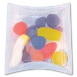 Assorted jelly candies in a clear pillow pack, featuring various shapes and colors including red, yellow, purple, and white.