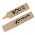 A beige recycled highlighter with a yellow tip, featuring a logo and text on the body.