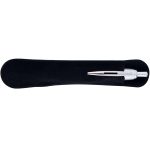 A sleek silver metal pen resting on a black velvet case, featuring a smooth design.