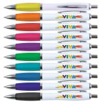 A collection of plastic pens with white barrels in various colors including purple, orange, pink, and blue, featuring a logo.