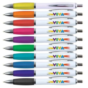 A collection of plastic pens with white barrels in various colors including purple, orange, pink, and blue, featuring a logo.