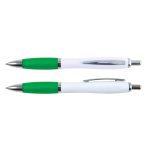 A set of two plastic pens with white barrels and green accents, featuring chrome trim and a clip.