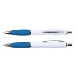 A set of white barrel pens with blue accents and chrome detailing, featuring a brand logo.