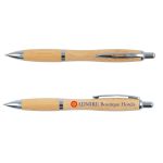 A bamboo pen featuring a sleek design with silver accents and a printed logo for "ADMIRE Boutique Hotels."