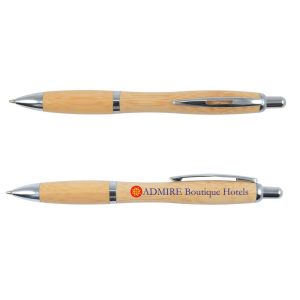 A bamboo pen featuring a sleek design with silver accents and a printed logo for "ADMIRE Boutique Hotels."