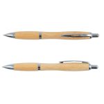 A bamboo pen with silver accents, featuring a sleek design and a chrome clip. It has a branding logo.