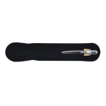 A bamboo pen is displayed on a black velvet base. The pen features a sleek design with a metallic tip and clip.