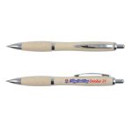 A light-colored eco-friendly pen with silver accents and a branding logo.