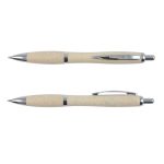 A beige eco-friendly pen with chrome accents, featuring a sleek design and a clip on the side.