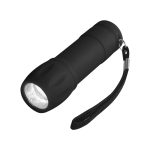A compact black flashlight with a textured grip and a wrist strap.