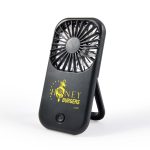 A portable Sirocco Fan with a black design, featuring a brand logo and a stand for support.