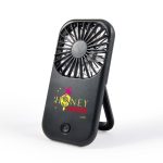 A portable black fan with a stand and branding, designed for leisure and outdoor use.