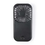 A portable black fan with a circular grill and a sleek rectangular body, featuring a logo.