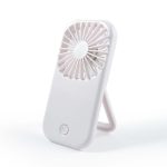 A portable white fan with a circular grille and a built-in stand.