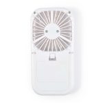 A portable Sirocco Fan in white, featuring a compact design with a circular fan grill and a foldable stand.