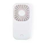 A portable Sirocco Fan in white, featuring a circular fan grille and a sleek rectangular body.
