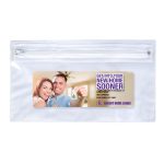 A clear pencil case with a zipper featuring a promotional image and branding, suitable for office use.