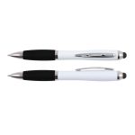 A white and black stylus pen with a metallic clip, featuring a traditional pen tip and a stylus tip on the opposite end.
