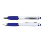 A stylus pen featuring a blue grip and accents with a white barrel and a silver clip.