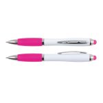A stylus pen featuring a white body with pink accents and a shiny chrome clip and details.