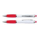 A red and white stylus pen with a shiny silver clip, featuring a branding logo.