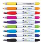 A collection of ten stylus pens in various colors, each featuring a logo and a highlighter tip.