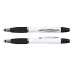 A stylus pen and highlighter combo in a sleek design featuring a white body with black accents and grip.