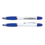 A stylus pen and highlighter in white and blue, featuring chrome accents and a logo.
