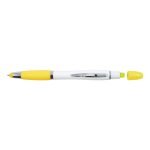 A stylus pen and highlighter in white and yellow, featuring a chrome accent and a cap for the highlighter.