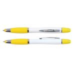 A stylus pen and highlighter in white with bright yellow accents, featuring a silver clip. The image includes two pens.