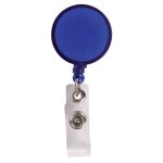 A retractable name badge holder with a round blue reel and a clear clip for attachment.