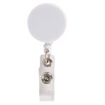 A retractable name badge holder featuring a round, white reel and a silver clip for attachment.