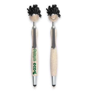 A quirky eco-friendly pen featuring a textured body, a smiling face, and fun, fuzzy hair on top.