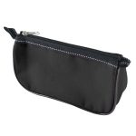 A black pencil case with a zippered closure and a sleek design, suitable for storing stationery and office supplies.
