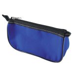 A blue pencil case with a black zipper and a sleek design, featuring a logo on the surface.