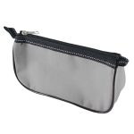 A pencil case with a sleek gray exterior and a black zipper.
