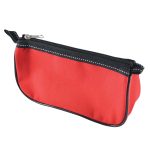 A red pencil case with a black zipper, featuring a simple and streamlined design.