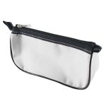 A sleek white pencil case with a black zipper, featuring a simple design and a branded logo.