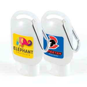 A white gel hand sanitiser bottle with two different logos and a carabiner for attachment.