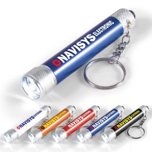 A keychain flashlight in various colors featuring the name "NAVISYS ELECTRONIC" printed on the side.