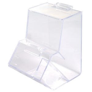 A clear acrylic dispenser features a scoop and a hinged lid, designed with a sleek, modern look.