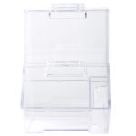 A clear plastic dispenser with a hinged lid and a scoop compartment on the side. It features a simple, transparent design.